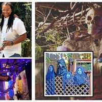 <p>Renatta (left) and Germaine Owens transformed their backyard Lodi greenhouse into a miniature haunted house using PVC piping and tons of decoration.</p>