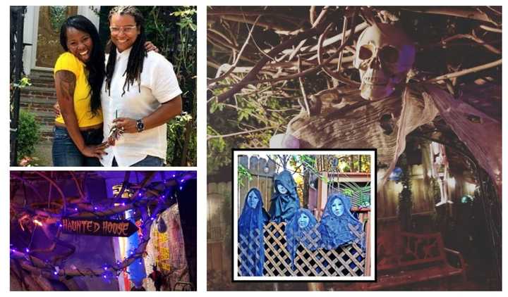 Renatta (left) and Germaine Owens transformed their backyard Lodi greenhouse into a miniature haunted house using PVC piping and tons of decoration.