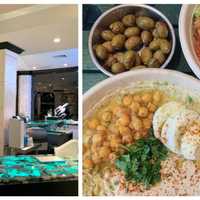 <p>Inside Umacha, left, now open in Edgewater and hummus and salads from Vish, now open in Tenafly.</p>