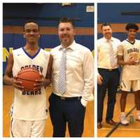 <p>Left: AJ Leone and coach Tom McGuire. Right: Lyndhurst HS Varsity seniors.</p>