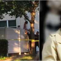 <p>Left: Police help Michele Sabia&#x27;s kids over the fence of their Carlstadt house the day of the homicide. Right: Michele Miragliotta Sabia.</p>