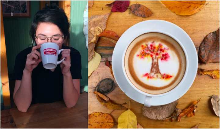 Nevon Kipperman sips a latte at Farmhouse Cafe &amp; Eatery in Cresskill. On the right is her most recent fall creation.