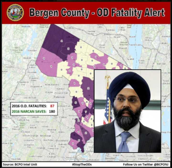 The prosecutor and his 2016 Bergen County opioid OD map.