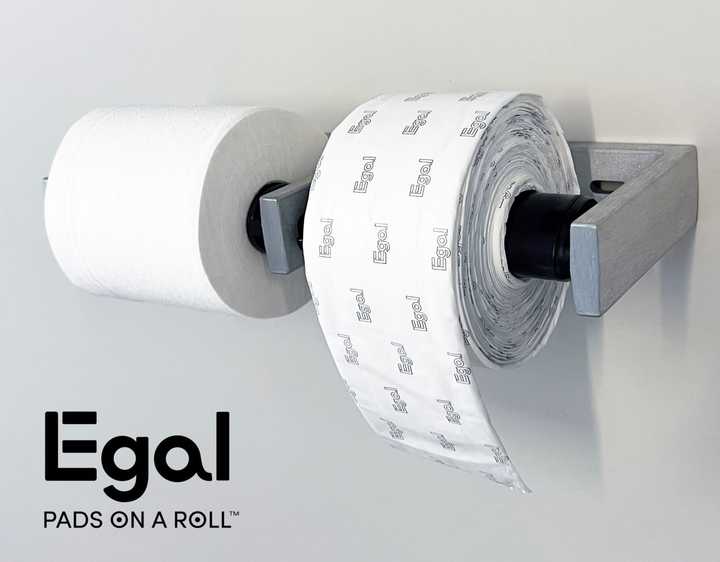 The roll-style pads can be installed on a regular toilet paper dispenser, or on a specifically-designed Egal dispenser.