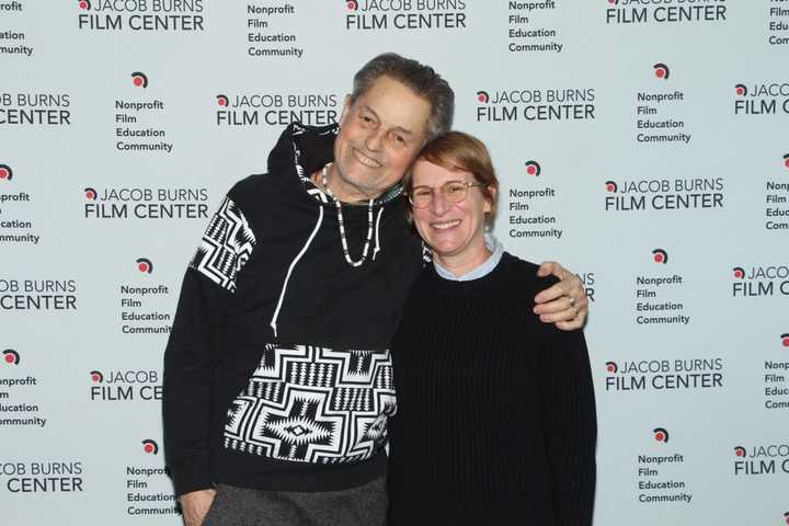 Jonathan Demme (l) at the Jacob Burns Film Center. Demme was a regular patron of the Burns and was elected to its Board of Directors.