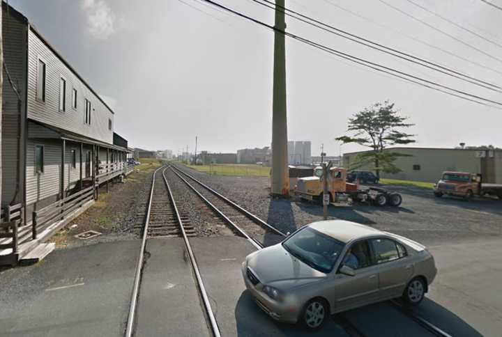 A car on the train tracks in Upper Leacock Township.