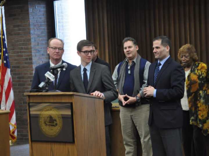 Mayor Rob Rolison, Community Development Coordinator Paul Hesse, Councilman Tracy Hermann, County Executive Marc Molinaro and County Legislator Barbara Jeter-Jackson.