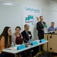 <p>Scarsdale High School junior Maria Meginean, left, makes a point in a panel discussion moderated by Gary Stern at the Putnam-Northern Westchester BOCES conference in Yorktown.</p>