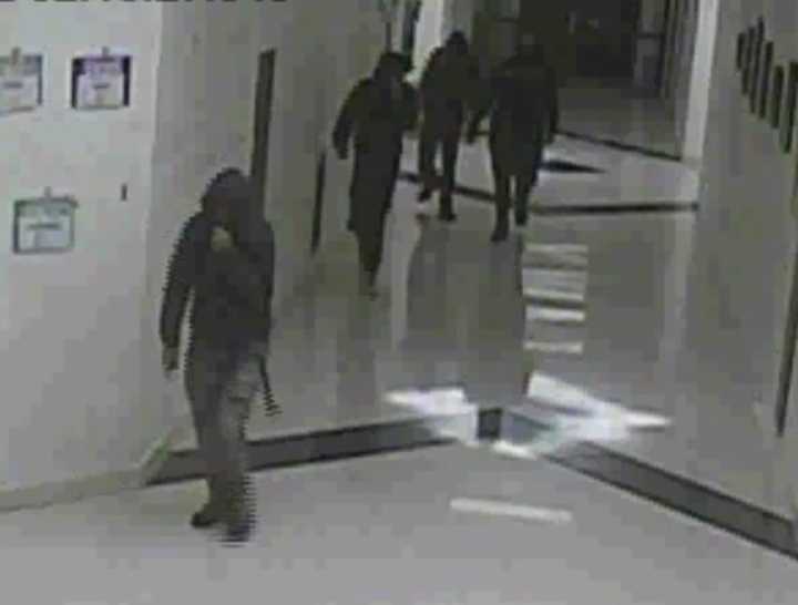 Four people are at large after breaking into a Long Island school and scrawling graffiti, according to police.