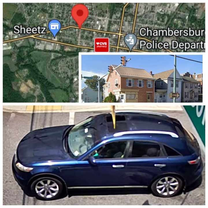 The 300 block of Lincoln Way West and the blue 2006 Infinity SUV police are searching for.