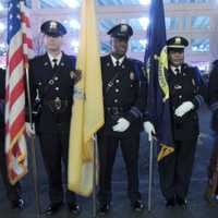 <p>Bergen County Sheriff's Officer Richard Hamilton, center, leader of the color guard.</p>