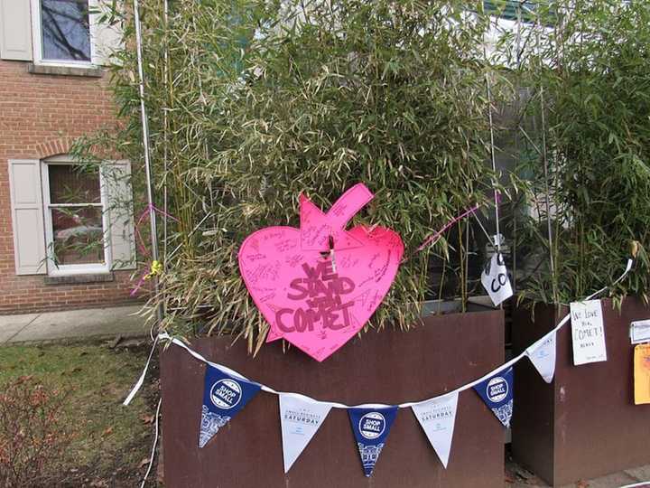 A memorial at the Comet Ping Pong in Washington, D.C., where in December a North Carolina man fired shots after reading the &quot;Pizzagate&quot; fake news story claiming Hilary Clinton used the restaurant for human trafficking.