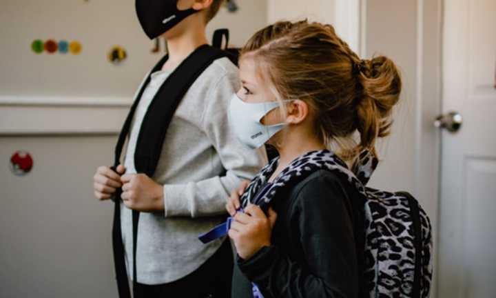 Two children wearing backpacks and masks.