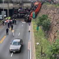 <p>A garbage truck toppled over on westbound I-495 in Weehawken Wednesday afternoon.</p>