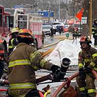 <p>Firefighters at Motty&#x27;s Supermarket blaze in Monsey.</p>