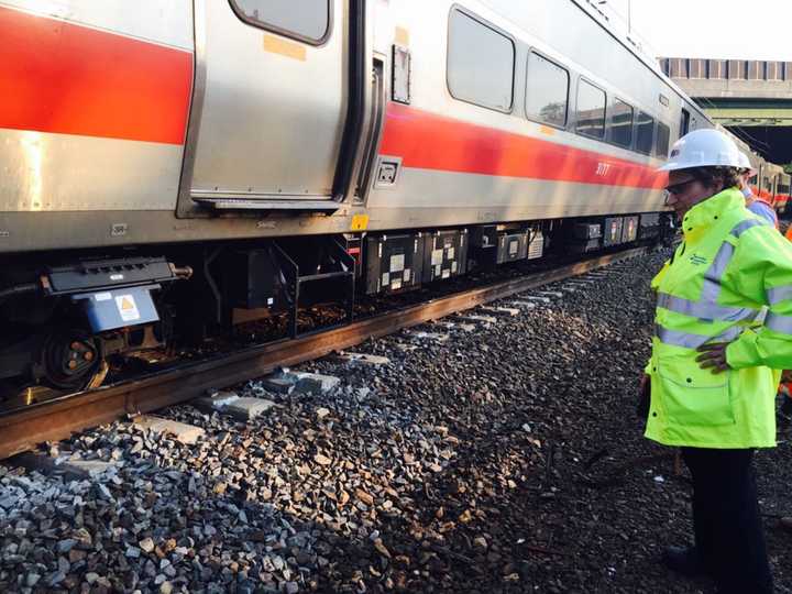 MTA chief Veronique &#x27;Ronnie&#x27; Hakim tours the site of the Metro-North train that derailed in Rye, N.Y., on late Thursday afternoon. All passengers were safely moved off.