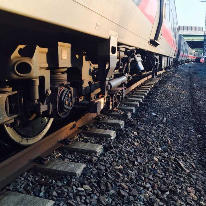 The wheels on a number of the cars are off the tracks in a minor derailment on Metro-North&#x27;s New Haven Line near Rye, N.Y.