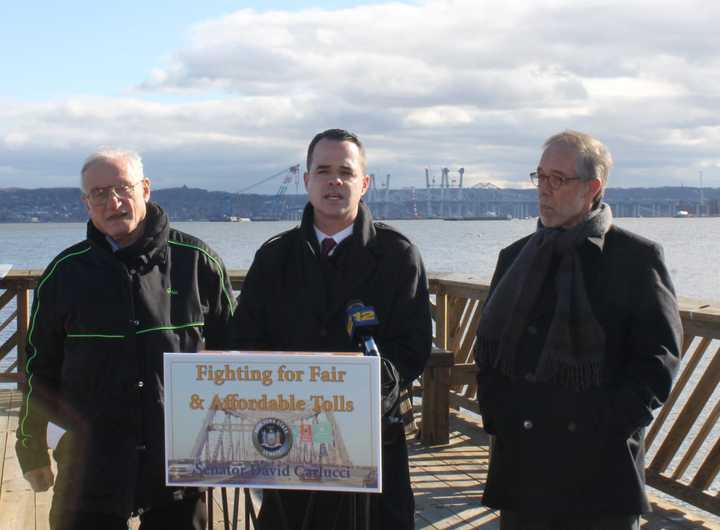 State Sen. David Carlucci (center) is joined by Nyack Deputy Mayor Don Hammond (left) and Orrin Getz (right), a member of the Metro North Commuter Rail Council.