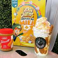 <p>The &quot;Liquid Gold&quot; is made with peanut butter crunch, honey clover lucky charms, cookie butter, and banana.</p>