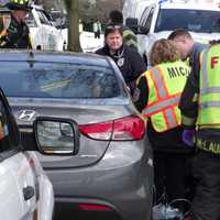 <p>An ambulance took the woman to Hackensack University Medical Center after the crash in the 400 block of Linwood Avenue.</p>