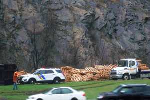 Tipped Tractor-Trailer Spills Pallets Onto Route 287 Flyover In Mahwah