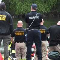 <p>At the scene of the body recovery along the Passaic River in Elmwood Park.</p>