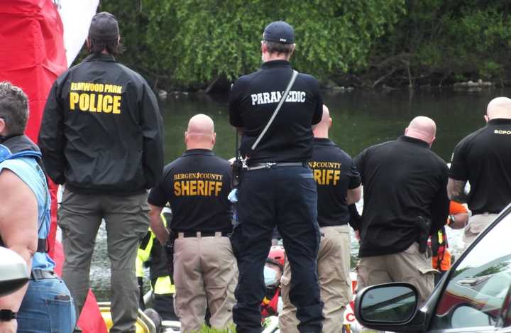 At the scene of the body recovery along the Passaic River in Elmwood Park.