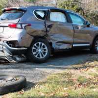 <p>The Hyundai Santa Fe ended up in the driveway of a West Grand Avenue home while a pickup truck plowed through two fences in the Monday afternoon crash in Montvale.</p>