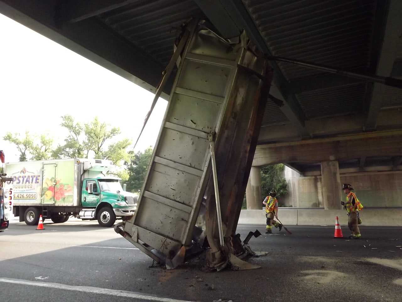 Vertical Hold: Dump Truck Trailer Gets Wedged Under Route 17 Overpass ...