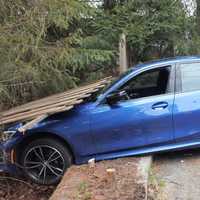 <p>The BMW crashed through the fence behind the Spencer Savings Bank on Oradell Avenue in Paramus around 2:30 p.m. Friday, March 31.</p>