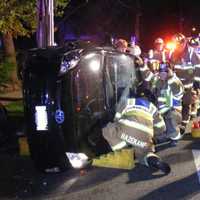 <p>Fair Lawn Rescue members cut out a portion of the windshield to free the Saddle River Road driver.</p>