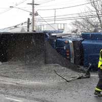 <p>Dump truck toppled on southbound Route 17 in Paramus.</p>