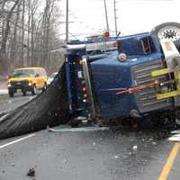 <p>Dump truck toppled on southbound Route 17 in Paramus.</p>