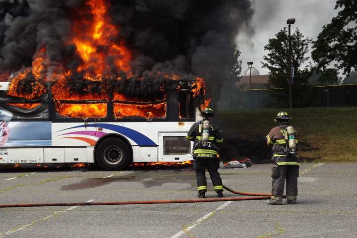 PHOTOS: Fire Destroys Unoccupied Commuter Bus Outside Bergen Community