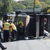 <p>The trucker was hospitalized after the crash off Route 17 at Linwood Avenue in Ridgewood.</p>