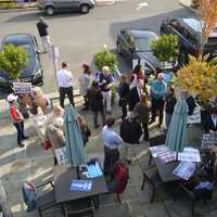 <p>Supporters gather at a reproductive rights rally in Westport Wednesday.</p>