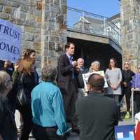 <p>U.S. Rep. Jim Himes addresses crowd at Wednesday&#x27;s rally for reproductive rights in Westport.</p>