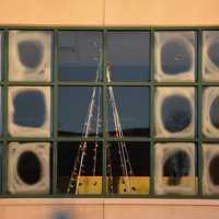 <p>Holiday decorations in the second-floor vestibule of the former Borders site in Mount Kisco. The vestibule faces out towards a downtown parking lot.</p>