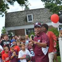 <p>Manager Matt Randazzo talks to the crowd.</p>