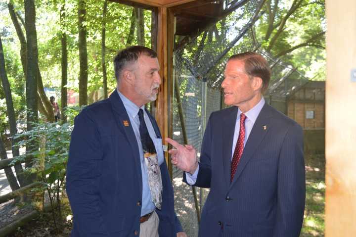 Beardsley Zoo Director Gregg Dancho, left, chats with U.S. Sen. Richard Blumenthal at the zoo on Wednesday.