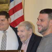 <p>John Gaes, a 92-year-old Stamford resident, receives his long overdue medals from his service in the U.S. Marine Corps during World War II. </p>