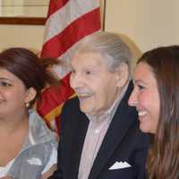 <p>John Gaes, a 92-year-old Stamford resident, receives his long overdue medals from his service in the U.S. Marine Corps during World War II. </p>