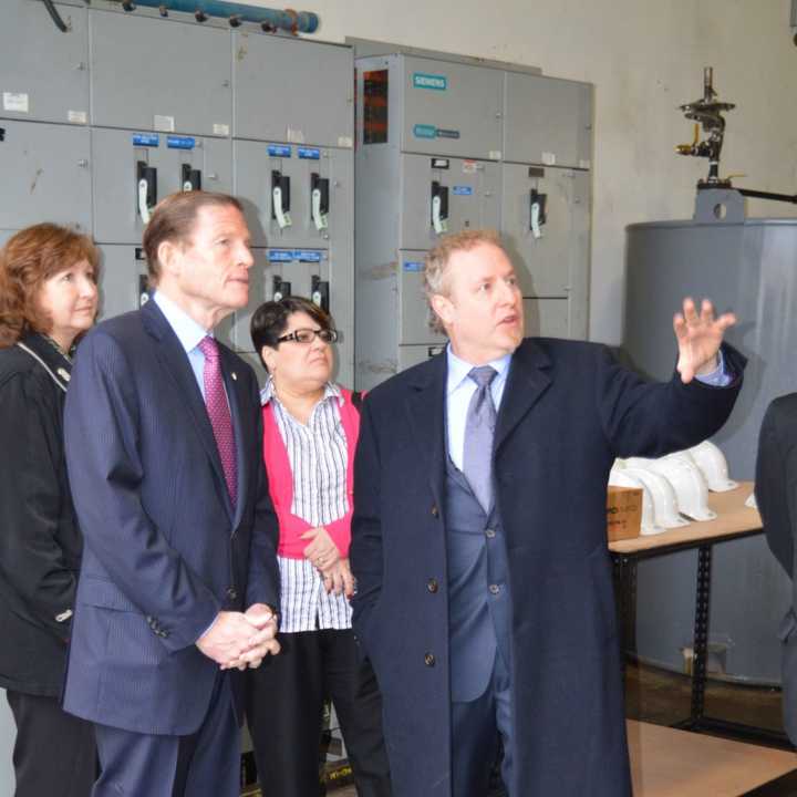 Bridgeport Biodiesel CEO Brent Baker talks with U.S. Sen Richard Blumenthal, who stopped by the company&#x27;s facility Tuesday. 