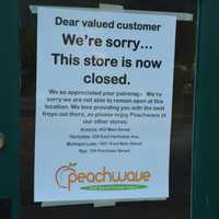 <p>A notice from Peachwave announces the frozen yogurt shop's closure in Mount Kisco.</p>