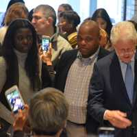 <p>Bill Clinton, pictured in the auditorium of Douglas G. Grafflin Elementary School in Chappaqua, where he stopped by to cast his presidential vote.</p>