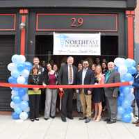 <p>Stamford Mayor David Martin (center, left) attended the opening of  Daniel Remiszewski&#x27;s (center, right) Northeast Medical Institute which provides a two-week certification course in phlebotomy.</p>