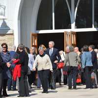 <p>Mourners leave St. Joseph&#x27;s Church in Somers following a memorial service for Sister Barbara Heil.</p>