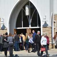 <p>Mourners leave St. Joseph&#x27;s Church in Somers following a memorial service for Sister Barbara Heil.</p>