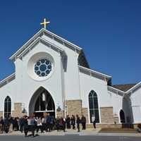 <p>Mourners leave St. Joseph&#x27;s Church in Somers following a memorial service for Sister Barbara Heil.</p>