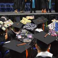 <p>A sea of decorated mortarboards</p>